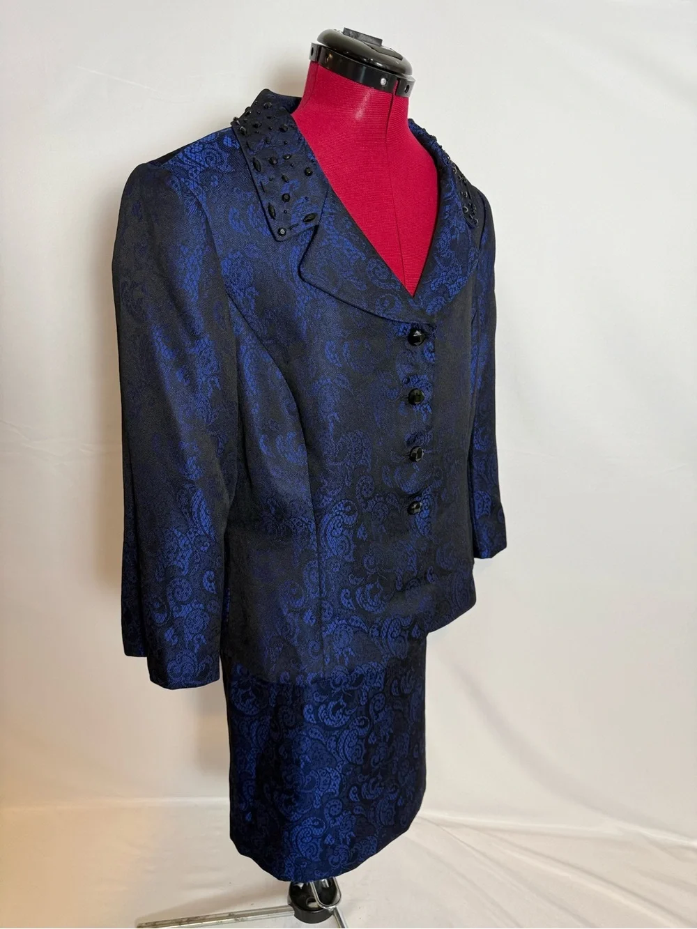 Tahari ASL Skirt Suit Size 16 Blue & Black Paisley 2-Piece Set Blazer & Skirt
